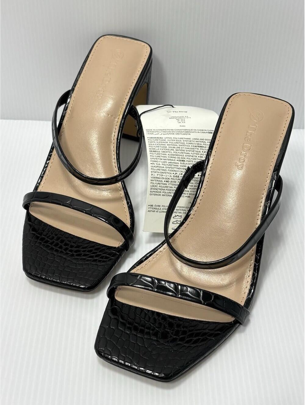 The Drop Womens Avery Square Toe Two Strap High Heel Sandal Black 6.5 US Heels